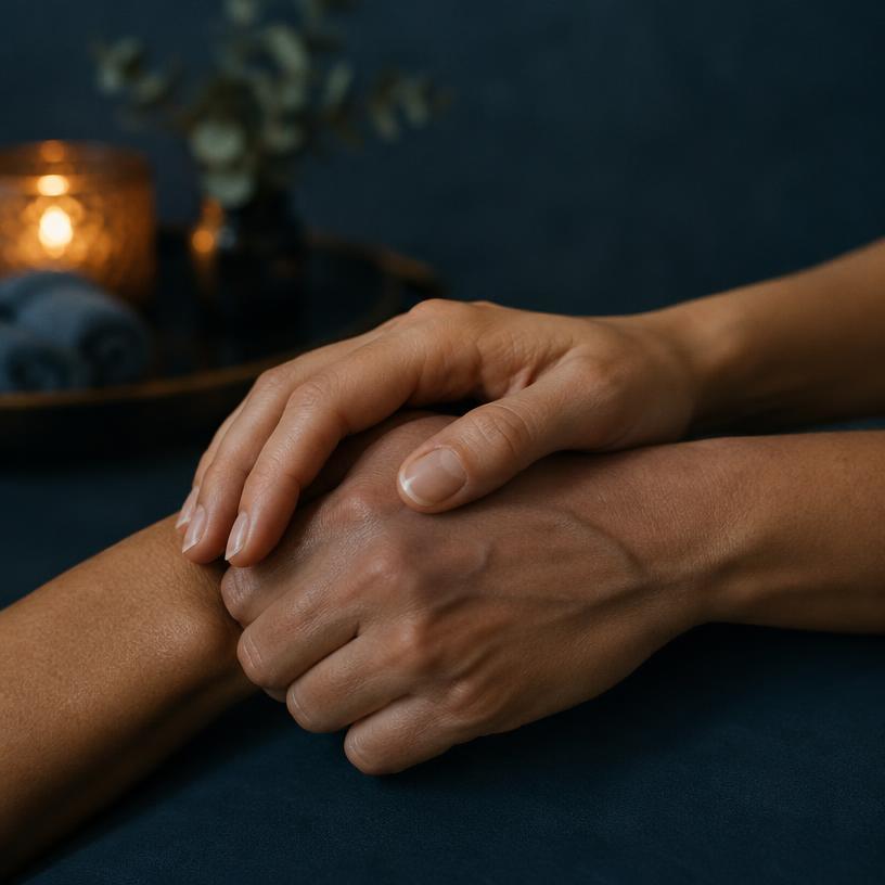 Two hands gently clasped together in reassurance