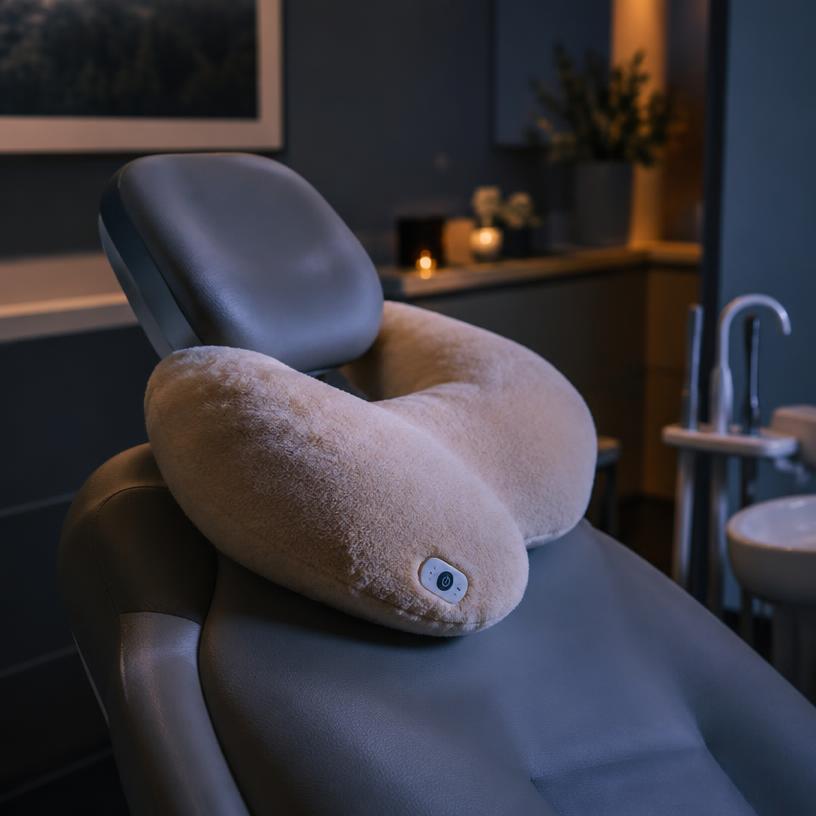 A plush heated neck pillow resting on a dental chair in warm, dim light